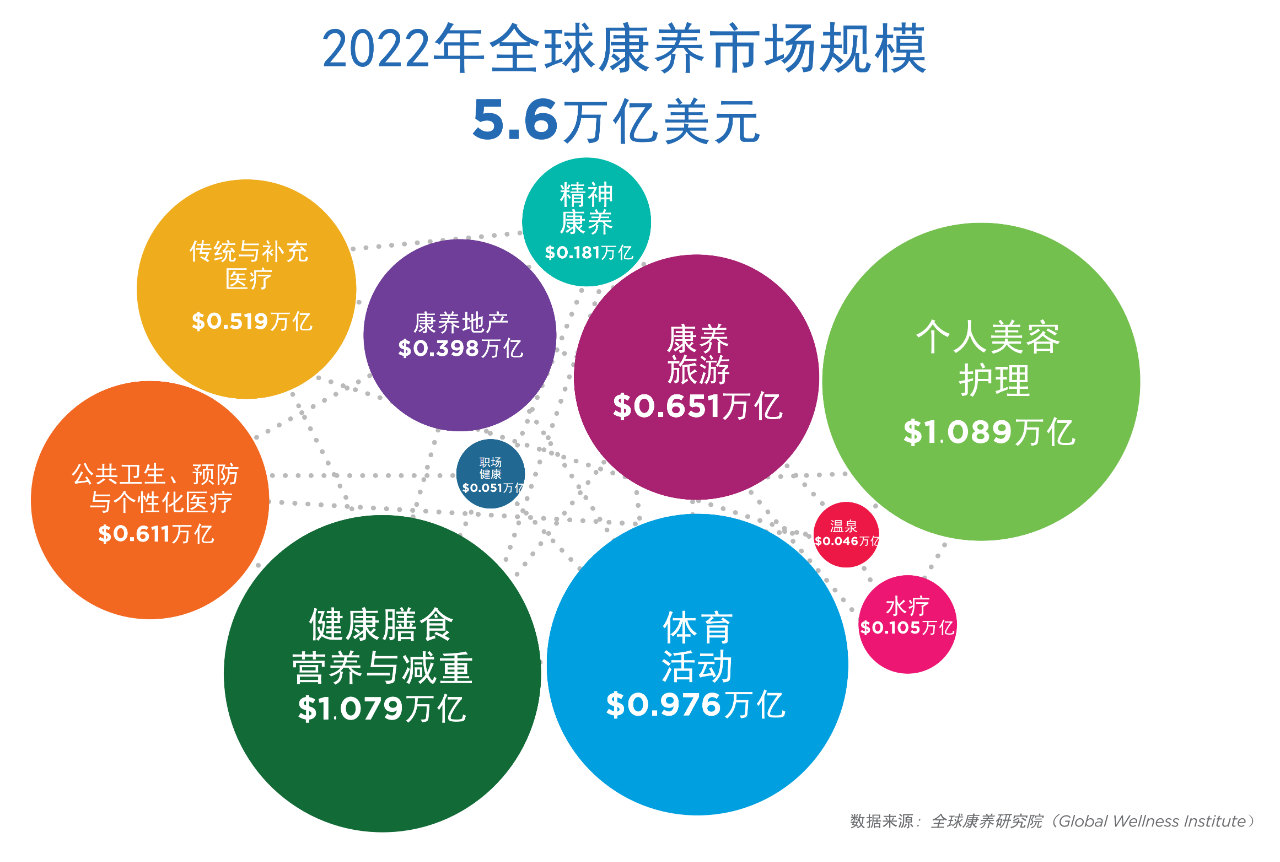 2022年全球康養(yǎng)市場規(guī)模達5.6萬億美元